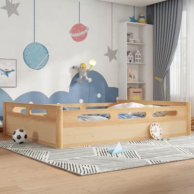 Natural Brown Wood Frame Queen Size Platform Bed with Full-length Guardrails and Low Profile