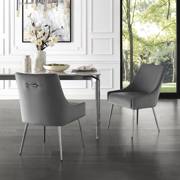 Armless Dining Chair Set, Grey Real Leather Dining Room Chairs With Chrome Legs Set Of 4