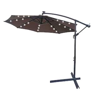 10 ft. Steel Market Solar LED Lighted Patio Umbrella with Crank & Cross Base for Garden Deck Backyard Pool in Chocolate