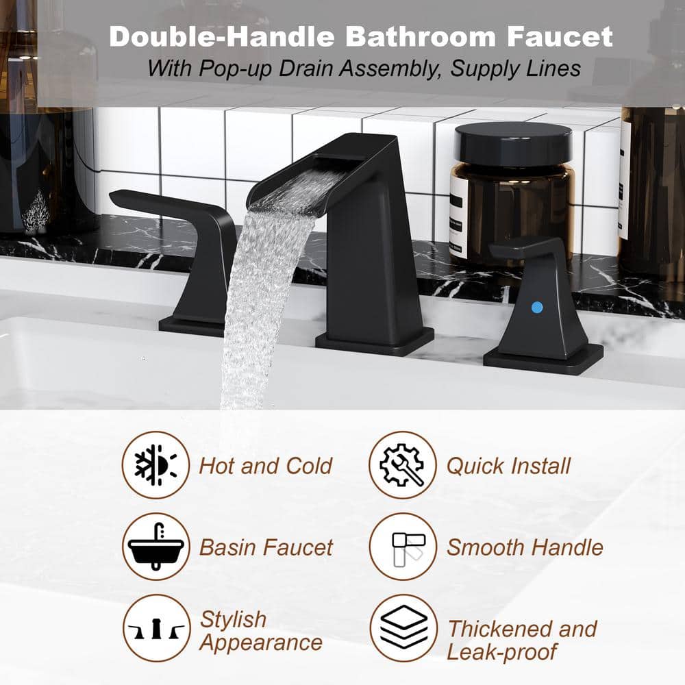 Matte Black Brass Waterfall Spout Bathroom Faucet Set