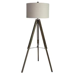 60 in. Classic Structured Tripod Floor Lamp in Weathered Grey Wood and Polished Nickel Metal