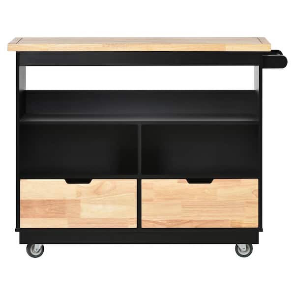 FUNKOL Black Rolling Mobile Kitchen Cart with Solid Wood Top and 2-Drawers