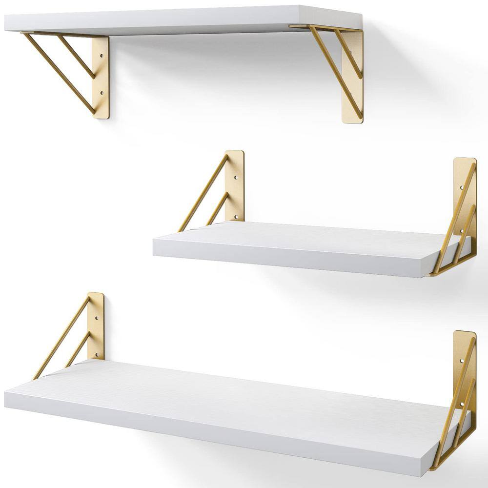 16.5 in. W x 5.5 in. D White-Gold Rustic Wood Decorative Wall Shelf Set of 