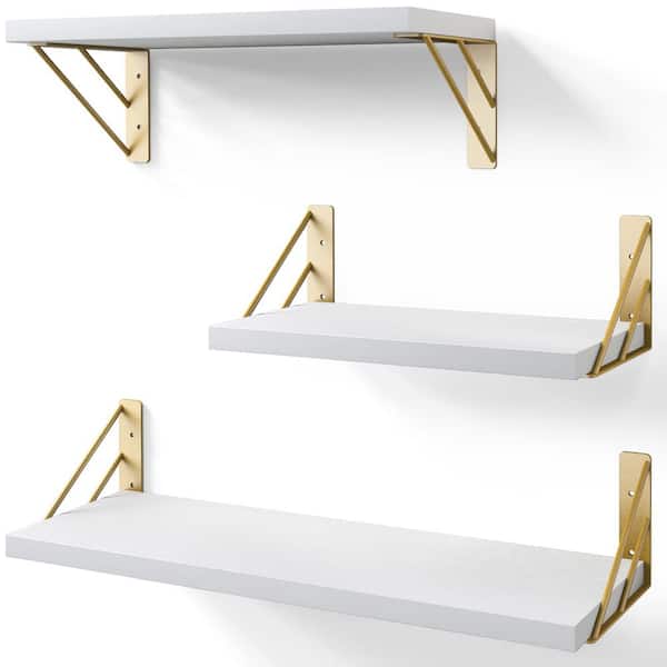 Unbranded 16.5 in. W x 5.5 in. D White-Gold Rustic Wood Decorative Wall Shelf Set of 3