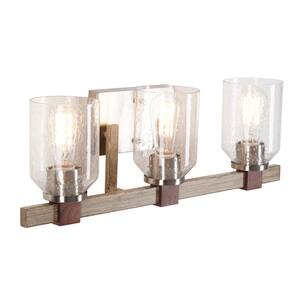 22.9 in. 3-Light Brushed Nickel and Walnut Wood Finish Vanity Light with Clear Seeded Glass Shades