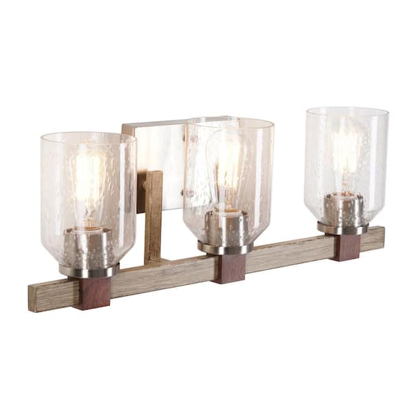 Cresswell 22.9 in. 3-Light Brushed Nickel and Walnut Wood Finish Vanity Light with Clear Seeded Glass Shades