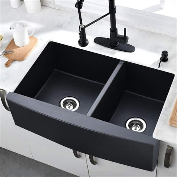 Pdpbath 33'' L Farmhouse / Apron Double Bowl Ceramic Kitchen Sink