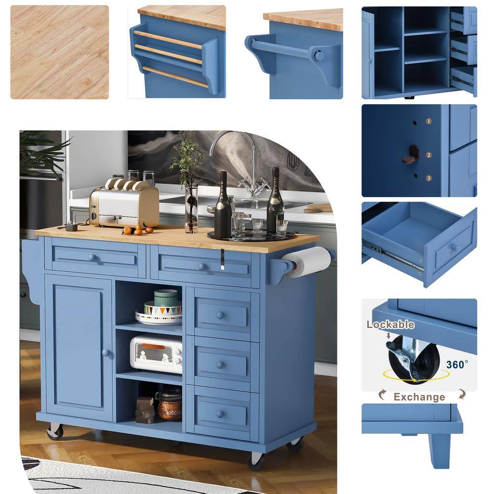 Blue Wood 53" Rolling Kitchen Cart with Spice Rack and Storage