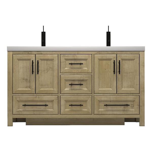 VIV 59 in. W x 20 in. D x 35 in. H Double Sink Freestanding Bath Vanity in Teak Oak with White Acrylic Top