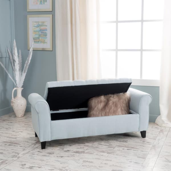 CHRISTOPHER KNIGHT HOME Button-Tufted Light Sky 50 in. Polyester Upholstered Storage Bedroom Bench with Wood Legs