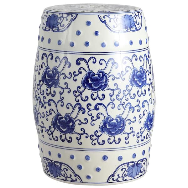 17.8 in. Blue/White Lotus Flower Chinoiserie Ceramic Drum Garden Stool
