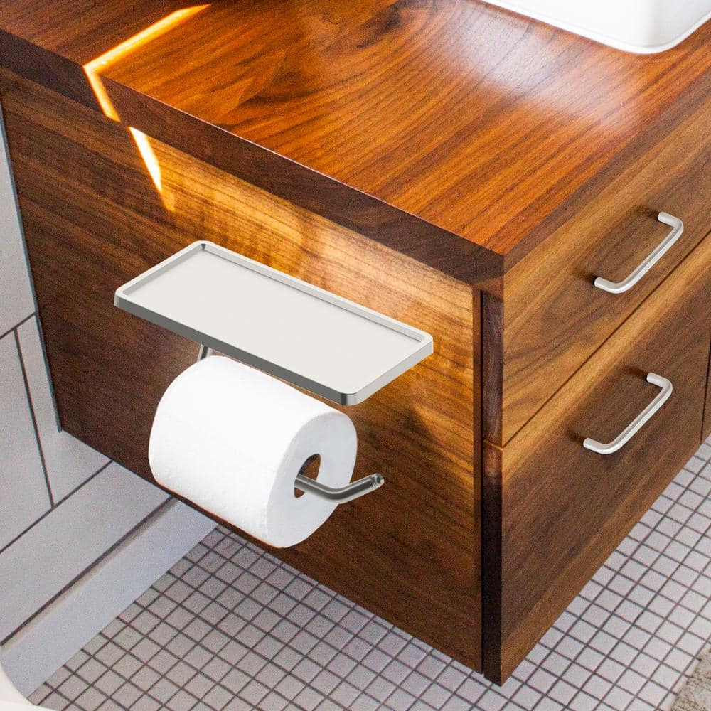 Satin Nickel Wall-Mounted Toilet Paper Holder with Shelf