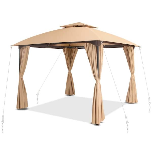 10 ft. x 10 ft. Khaki Outdoor Patio Gazebo with Unique Arc Roof and Privacy Curtains