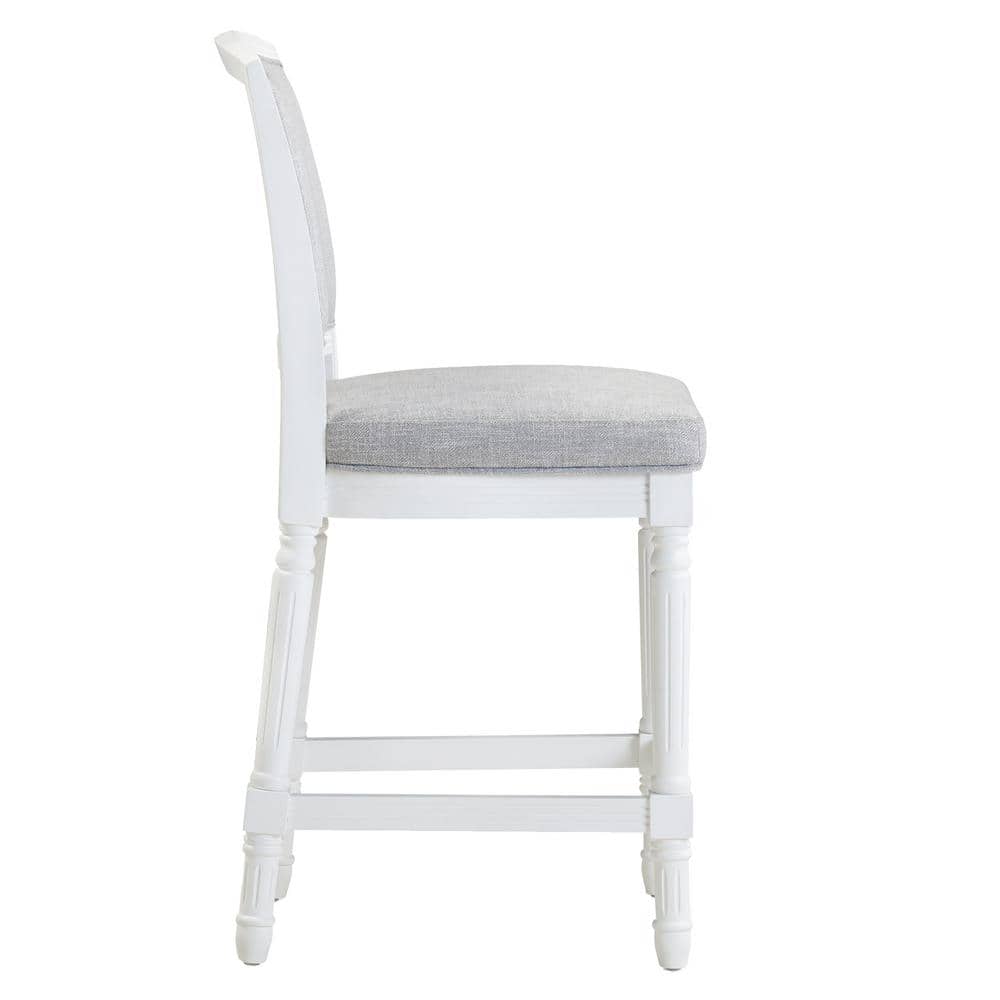 26" White Wood Counter-Height Bar Stool with Gray Upholstered Seat