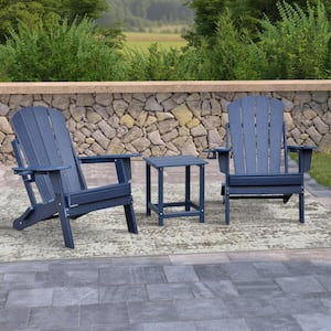 Navy Blue Folding Outdoor HDPE Adirondack Chair with Table Set (Set of 3)