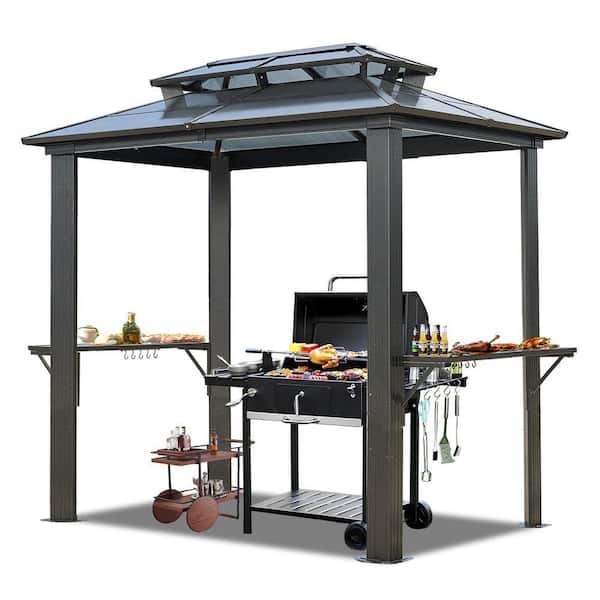 5 ft. x 8 ft. Grey BBQ Grill Gazebo with Polycarbonate Double Roof, Outdoor Barbecue Gazebo Aluminum Frame for Patio
