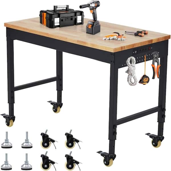 60 in. Adjustable Height Heavy Duty Workbench with Rubberwood Top, Wheels and Power Outlets