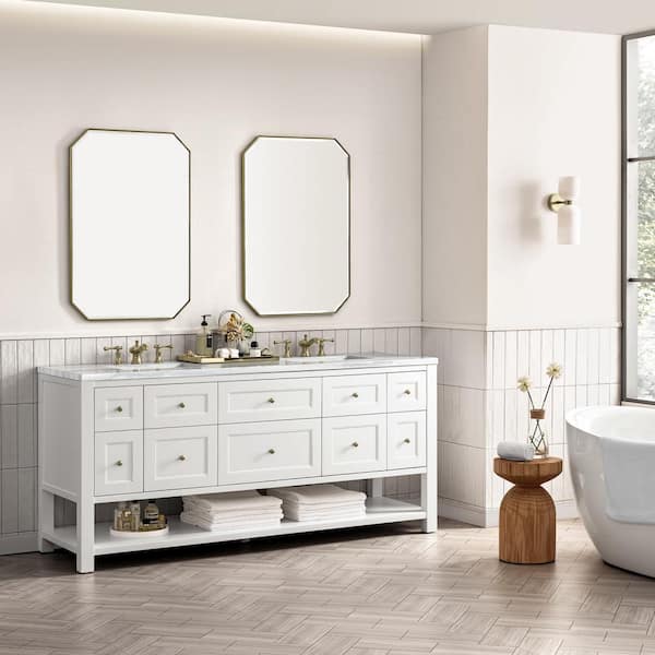 James Martin Vanities Breckenridge 72.0 in. W x 23.5 in. D x 34.2 in. H Bathroom Vanity in Bright White with Arctic Fall Solid Surface Top