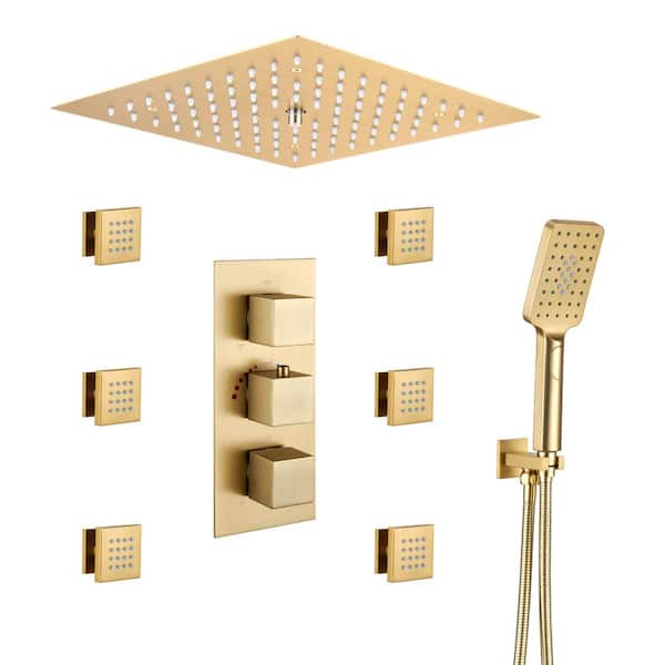 Luxury Thermostatic LED 4-Spray 12 in. Wall Mount Rainfall Dual Shower Heads with 1.8 GPM 6-Jets in Brushed Gold
