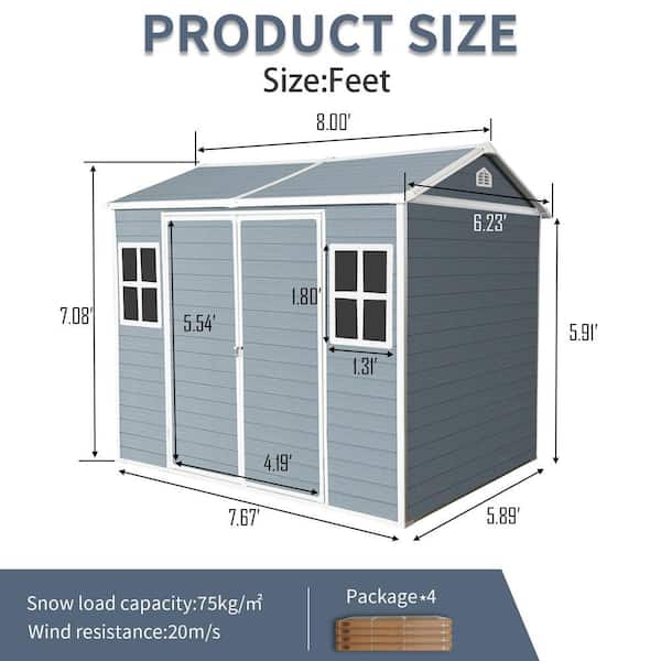 Gray 8 ft. W x 6 ft. Resin Outdoor Waterproof Storage Shed with
