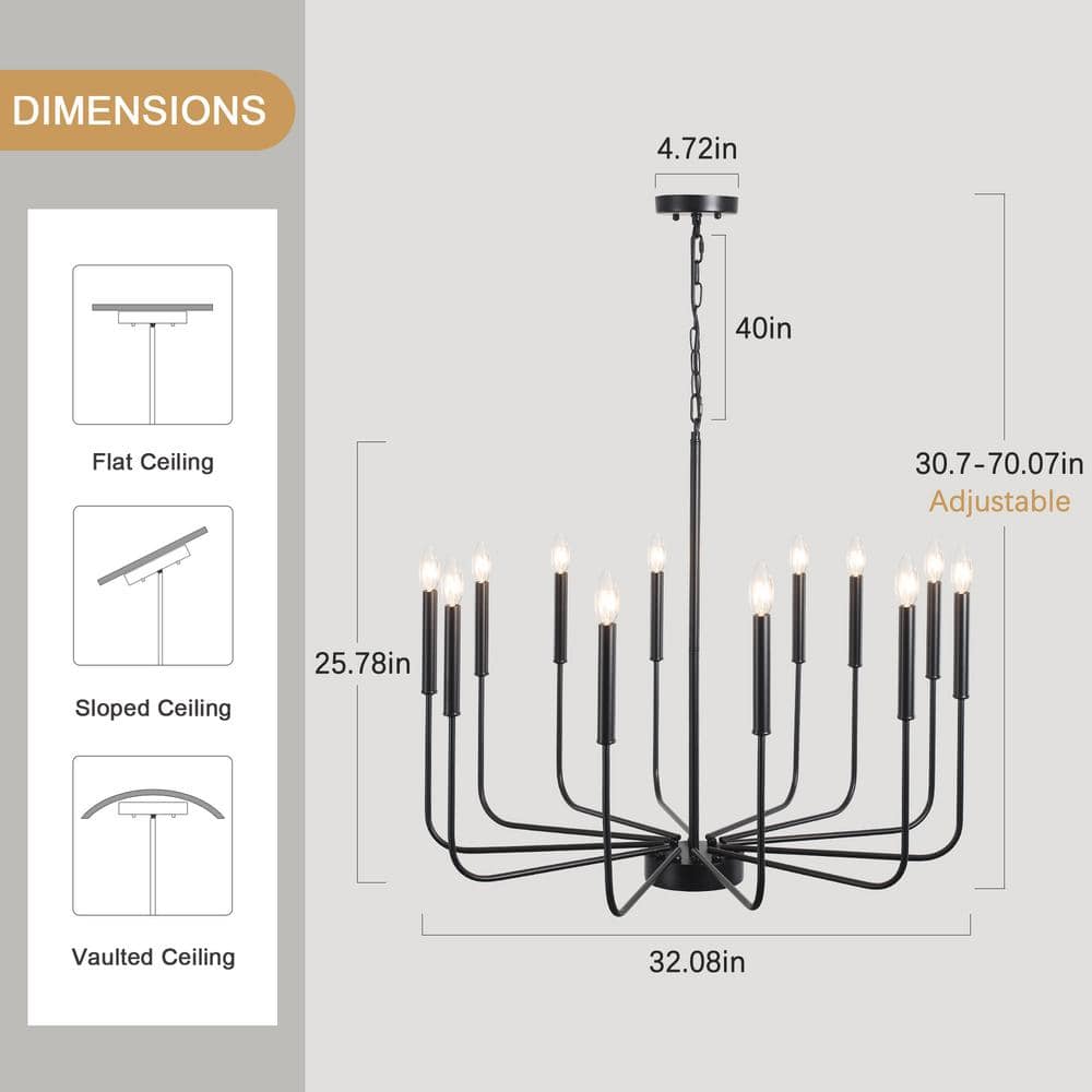 Matte Black 12-Light Candle Style Chandelier