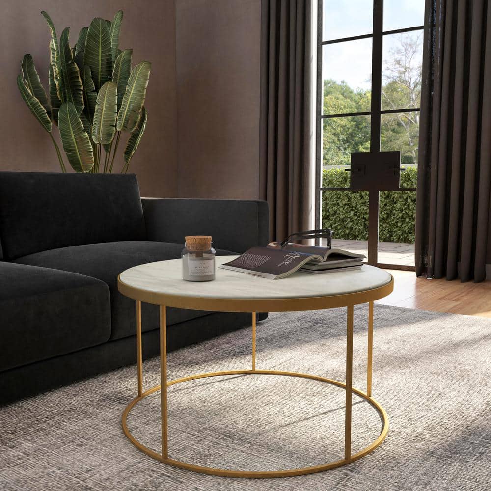 Modern White Marble and Gold Iron Base Coffee Table