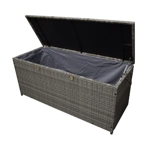113 Gal. Grey Indoor and Outdoor Balcony Patio Deck Porch Pool Wicker Storage Box Trunk Bin with Metal Frame