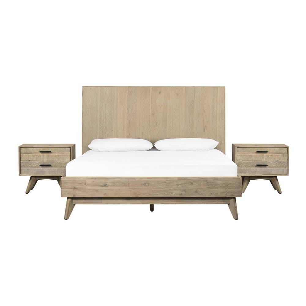 Baly 3-Piece Acacia Summer Gray Queen Platform Bed and Nightstands Bedroom 