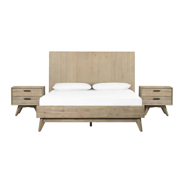 Armen Living Baly 3-Piece Acacia Summer Gray Queen Platform Bed and Nightstands Bedroom Set