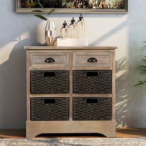 White Washed 28 in. H Accent Cabinet Storage Cabinet Desk with 2-Drawers and 4-Classic Rattan Basket