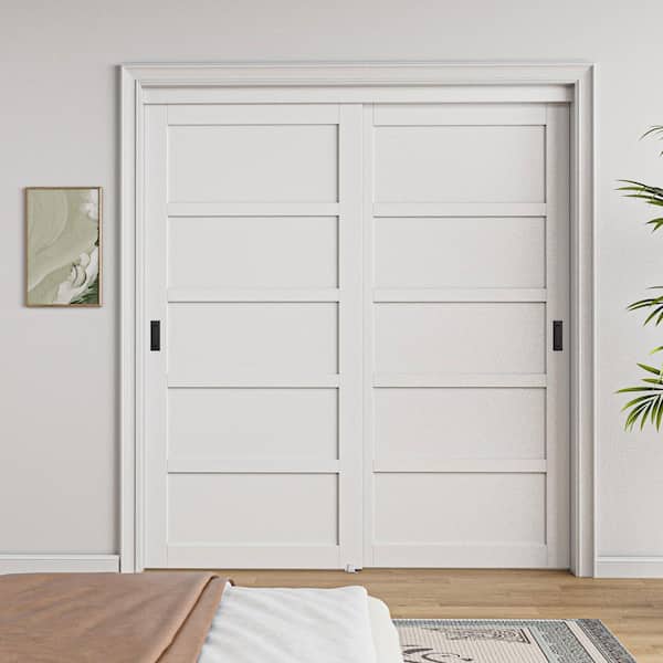 72 in. x 80 in. Paneled 5-Lite Blank Pattern White Primed MDF Require Assemble Sliding Door with Hardware Kit