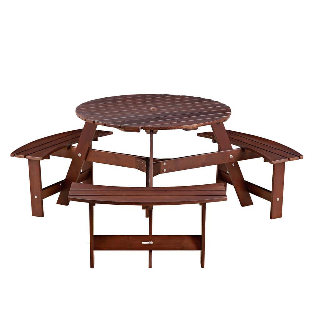 62 in. Brown Round Wood Picnic Table Seats 6 People with Umbrella Hole and 