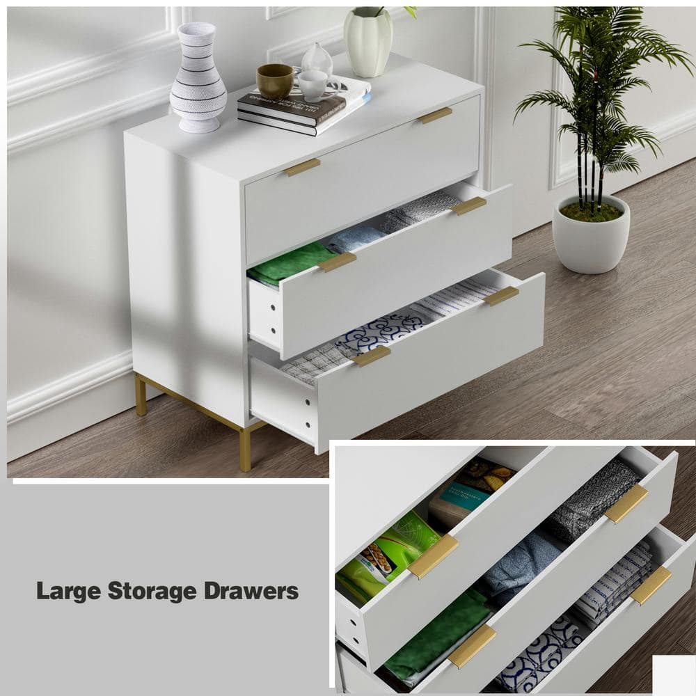 White MDF 3-Drawer Chest with Gold Accents