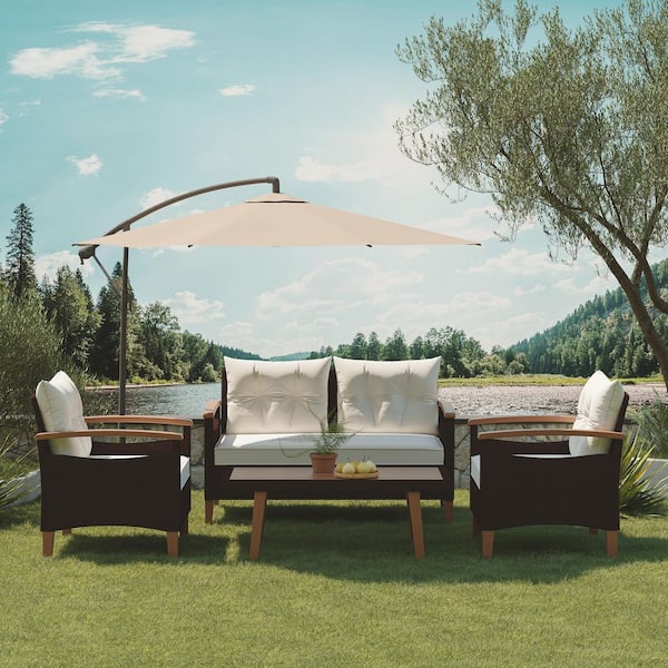 HomeAura 4-Piece Brown Wicker Patio Conversation Set with Beige Cushions and Pillows