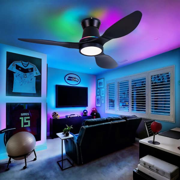 42 in. Black 3-Blades Flush Mount Standard Outdoor Ceiling Fan with Full Spectrum LED/RGB Light/Remote/App Included
