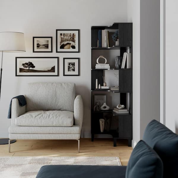 Nordik 71.5 in. Tall Black Oak L-Shaped Engineered Wood Bookcase, Corner Bookshelf for Home Office Living Room