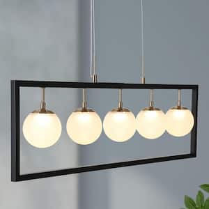 Fullur 28-Watt Integrated LED Black Chandelier Island, Caged Hanging Pendant with Globe Frosted Glass Shades