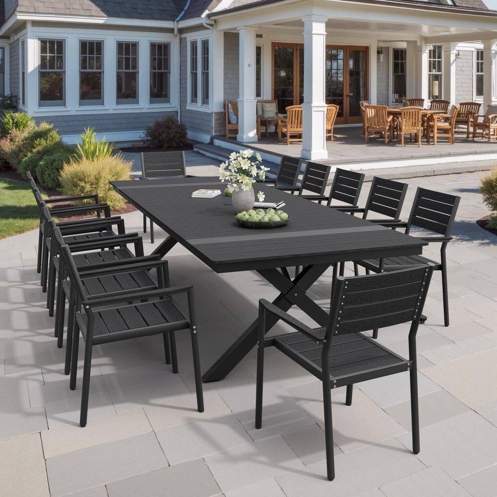 Black 13-Piece 118 in. Aluminum Wood-Like Rectangular Patio Outdoor Dining Set with Stackable Arm-Chairs, Umbrella Hole price history on PriceWatchPro
