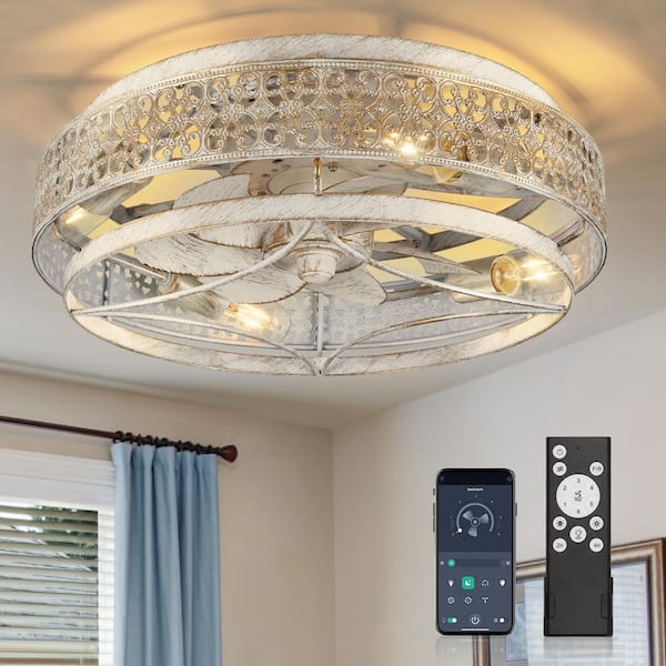 18 in. Indoor Caged Ceiling Fan with Light, Low Profile Flush Mount Ceiling Fan with Remote Control(No Bulb)-White
