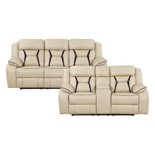 Lazzara Belmont 86 in. W Pillow Top Arm Faux Leather Rectangle Power Reclining Sofa Set in Beige, 2-Piece