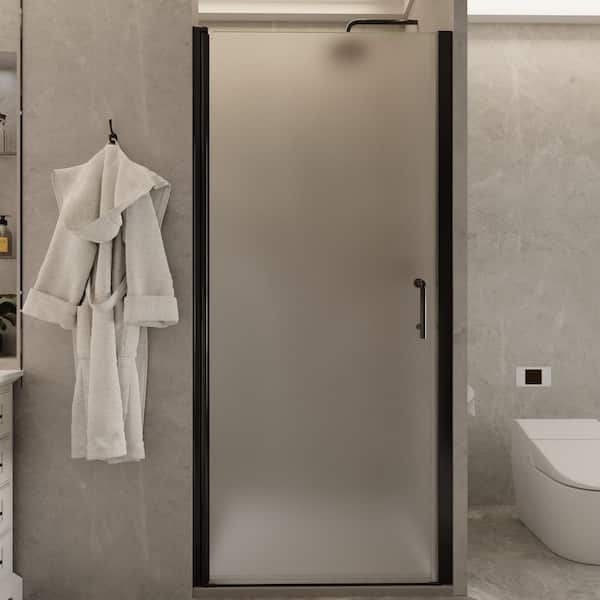 ES-DIY 34 to 35-3/8 in. W x 72 in. H Pivot Frameless Swing Corner Shower Panel with Shower Door in Black with Frosted Glass