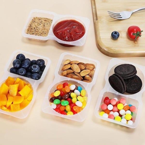 4.45oz. Clear BPA-Free Plastic Snack Portion Cup Food Storage Containers w/Lids Double Compartment 20-Pack Meal Prep Box