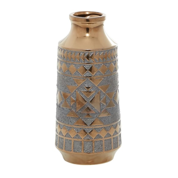 16 in. Gold Porcelain Ceramic Tribal Decorative Vase