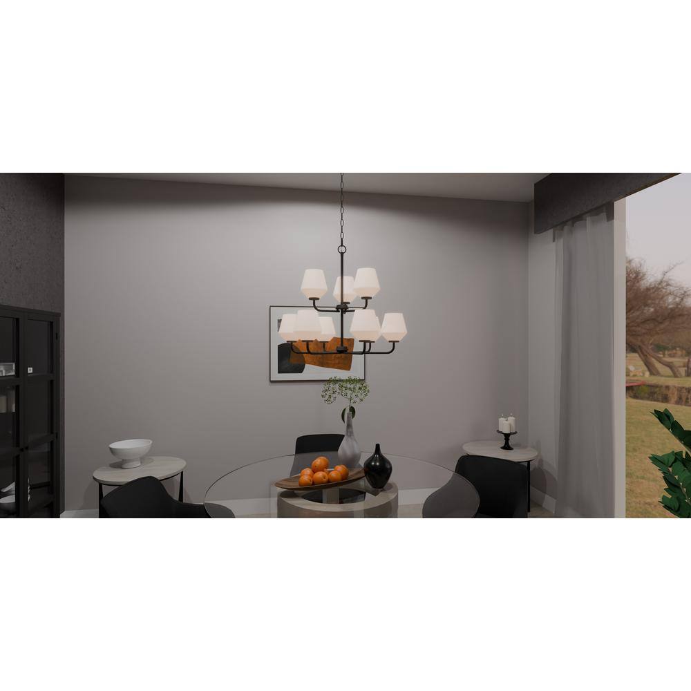 Matte Black 9-Light Chandelier with Opal Glass Shades