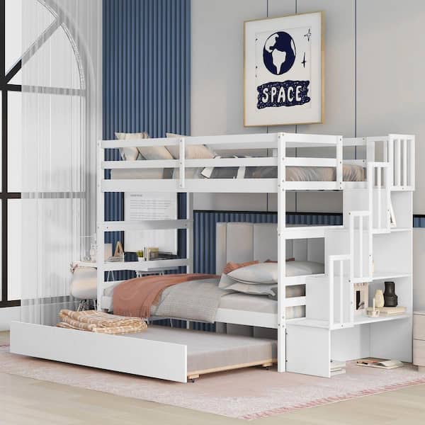 Qualler White Twin Over Twin Bunk Bed with Twin Size Trundle and ...