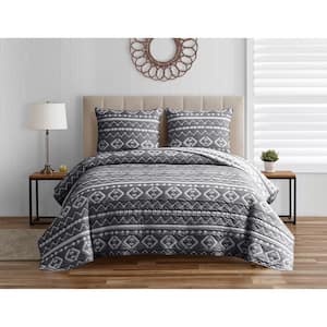 Desert Stripe 3-Piece Dark Grey Soft Matelasse Jacquard Cotton Blend Quilt Set - Full/Queen