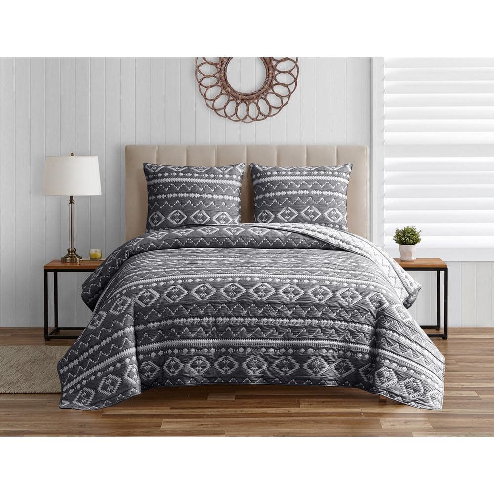 Desert Stripe 3-Piece Dark Grey Soft Matelasse Jacquard Cotton Blend Quilt 