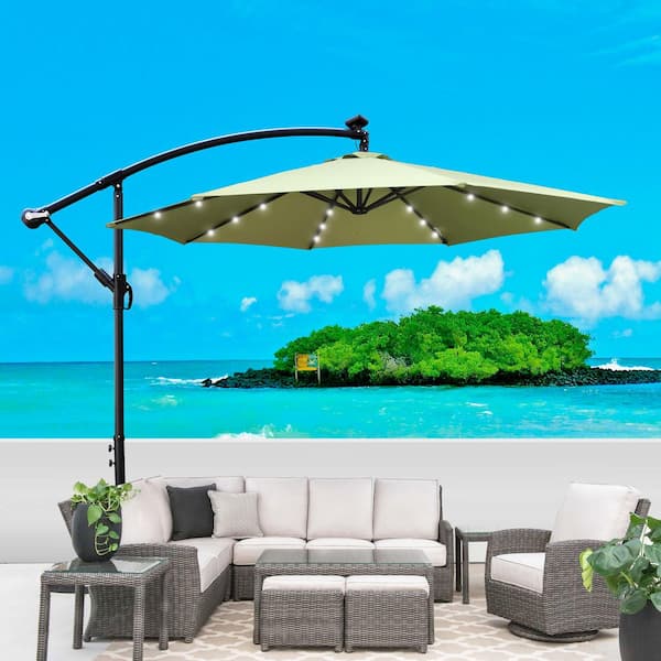 blue and lime green patio umbrella Cesicia 10 ft. Steel Outdoor LED 8-Rib Market Patio Umbrella in Lime Green  with Crank and Cross Base HSJAK1334