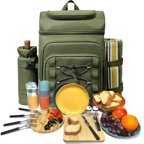 4-Person Picnic Backpack with Blanket, Leakproof Insulated Cooler, Wine Holder and Cutlery Set, Green