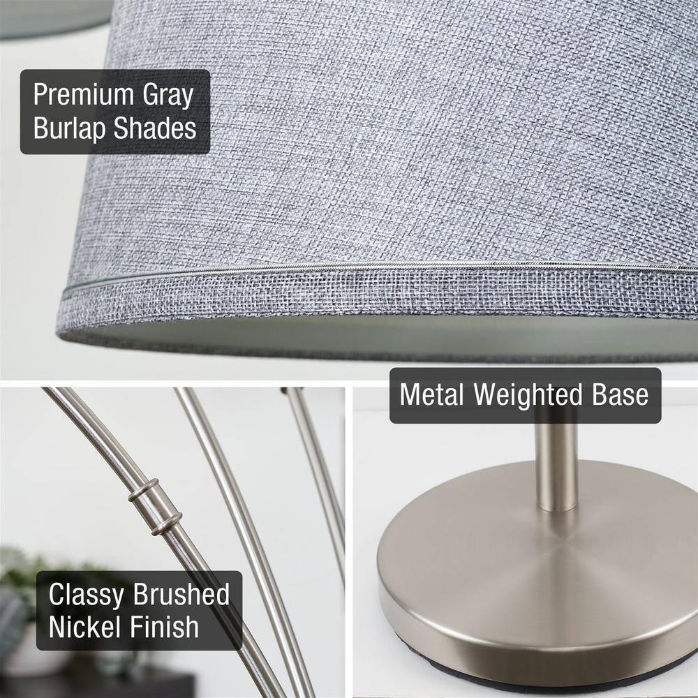 Elegance Arc 3-Light Floor Lamp with Gray Burlap Shades and Brushed Nickel Finish